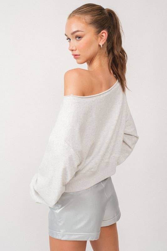 Alina Off Shoulder Cropped Sweatshirt - WHITE MELANGE