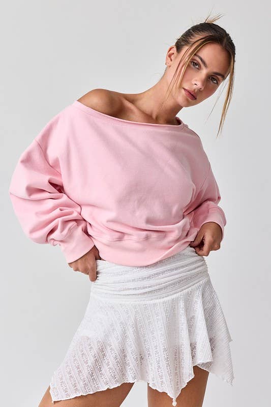 Alina Off Shoulder Cropped Sweatshirt - Pink