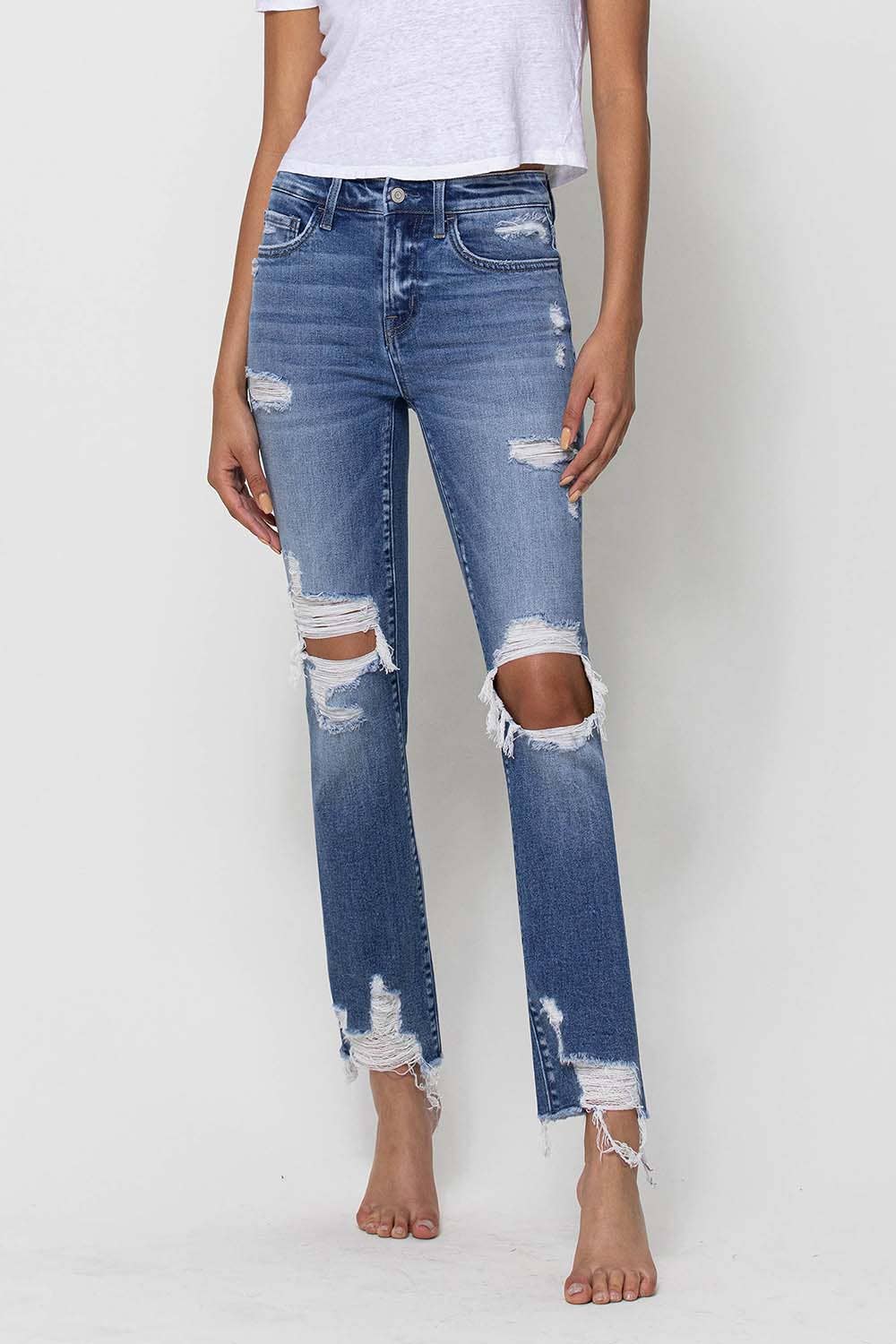 MID RISE DESTROYED ANKLE STRAIGHT JEANS F4395