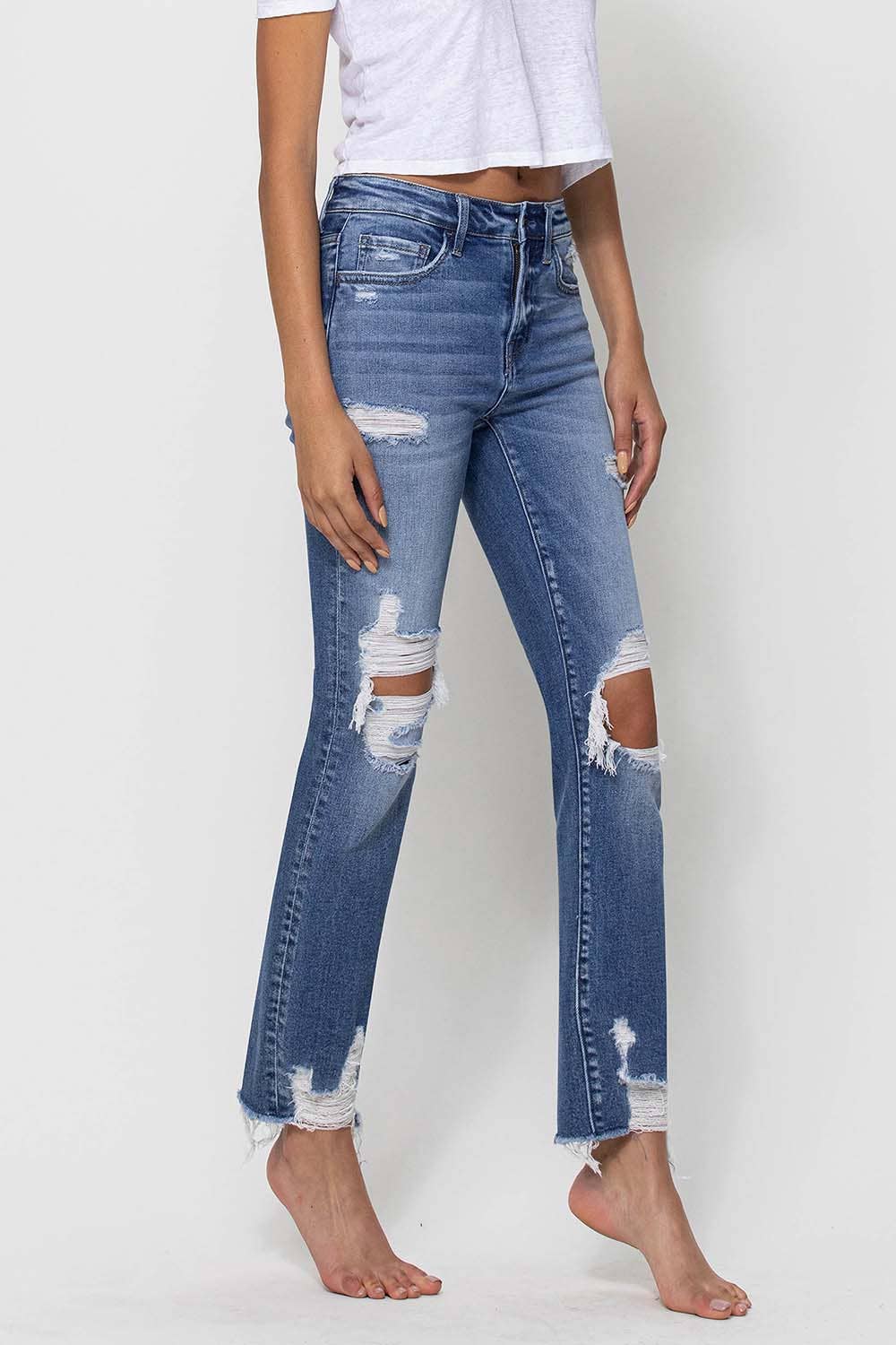 MID RISE DESTROYED ANKLE STRAIGHT JEANS F4395