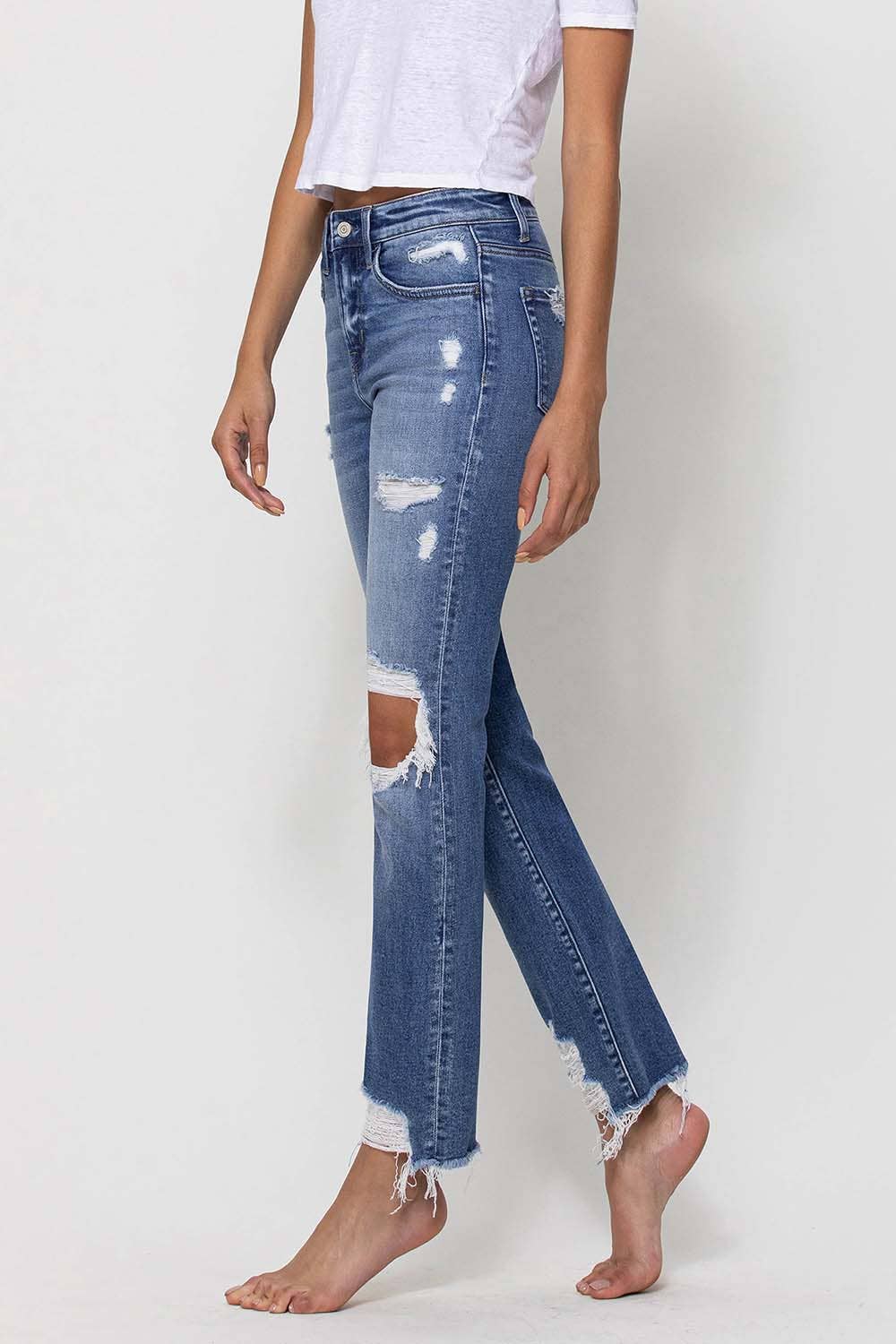 MID RISE DESTROYED ANKLE STRAIGHT JEANS F4395