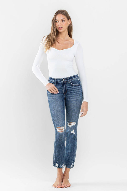 MID RISE DISTRESSED CROP SLIM STRAIGHT JEANS F5297