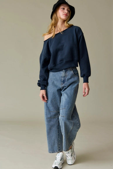 Alina Off Shoulder Cropped Sweatshirt - Navy Blue