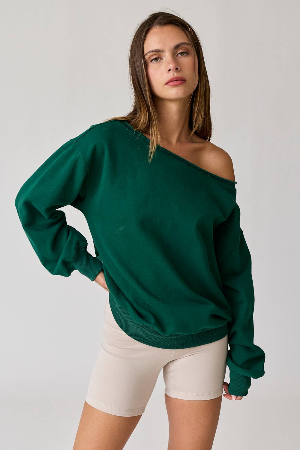 Evelyn Loose Fit One Shoulder Sweatshirt - Green