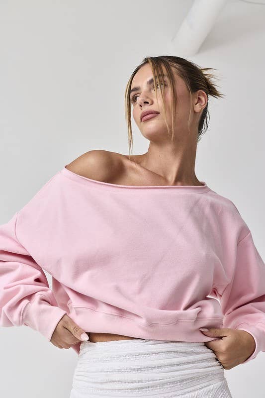 Alina Off Shoulder Cropped Sweatshirt - Pink