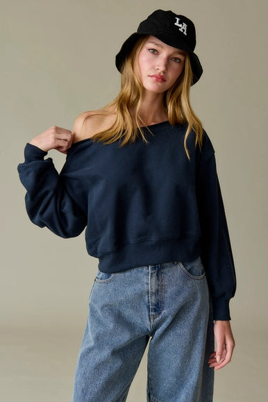 Alina Off Shoulder Cropped Sweatshirt - Navy Blue