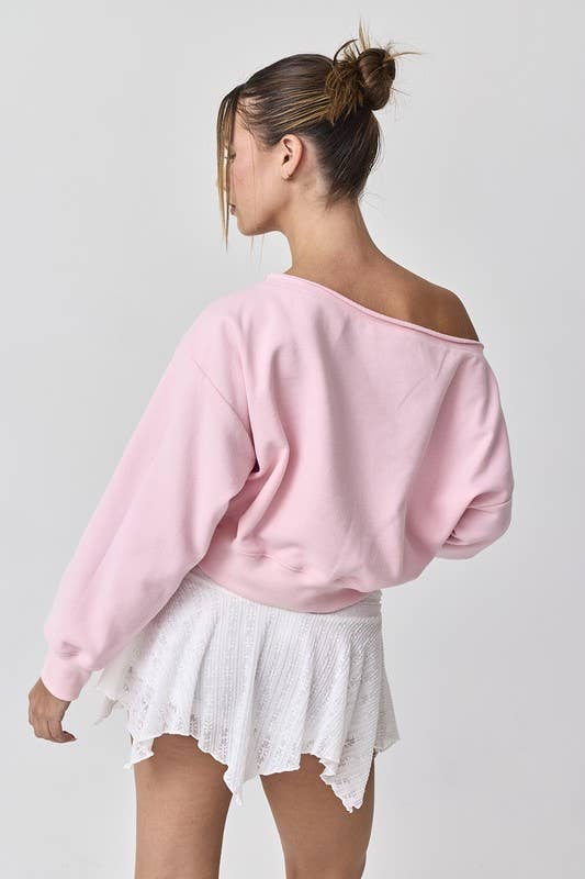 Alina Off Shoulder Cropped Sweatshirt - Pink