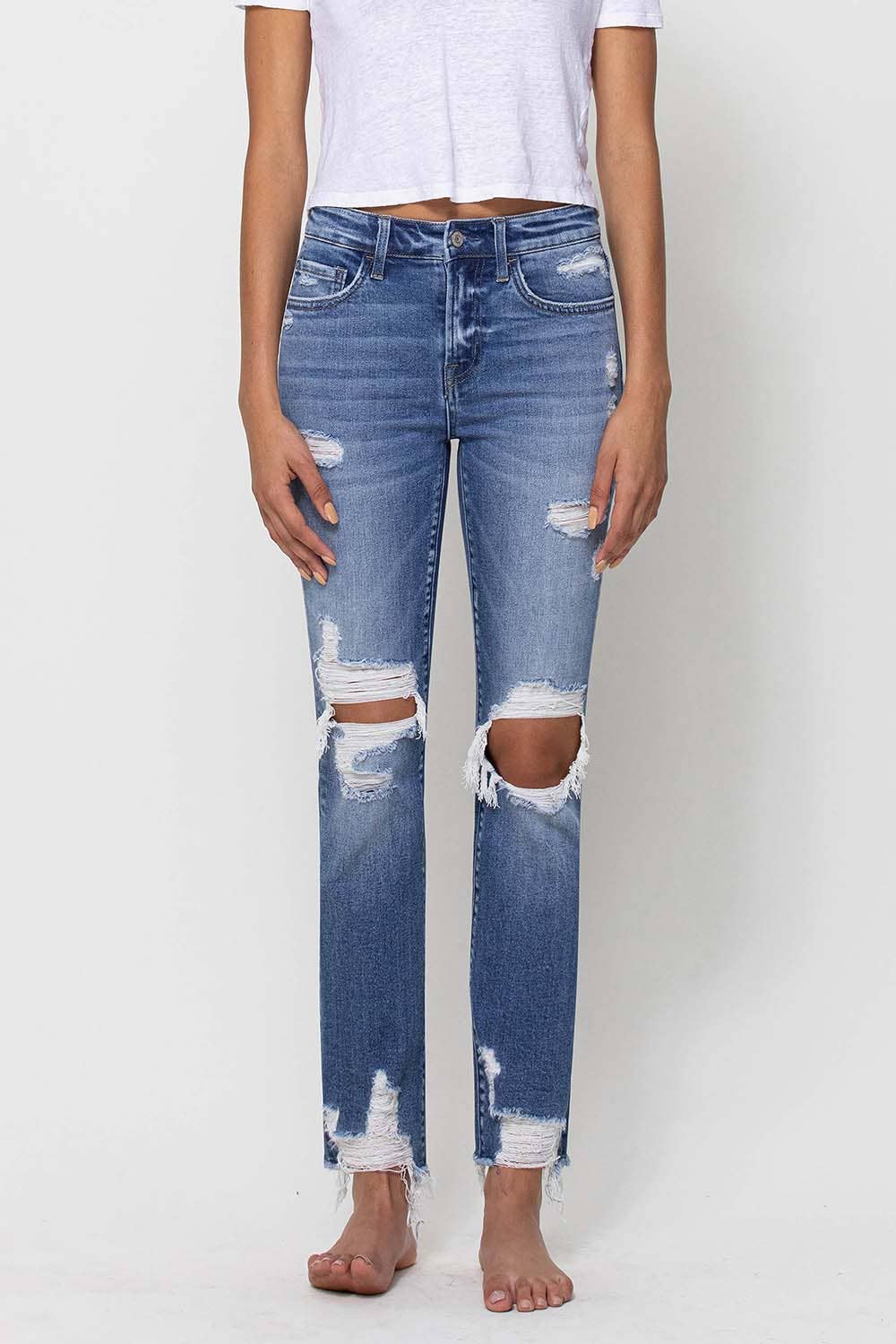 MID RISE DESTROYED ANKLE STRAIGHT JEANS F4395