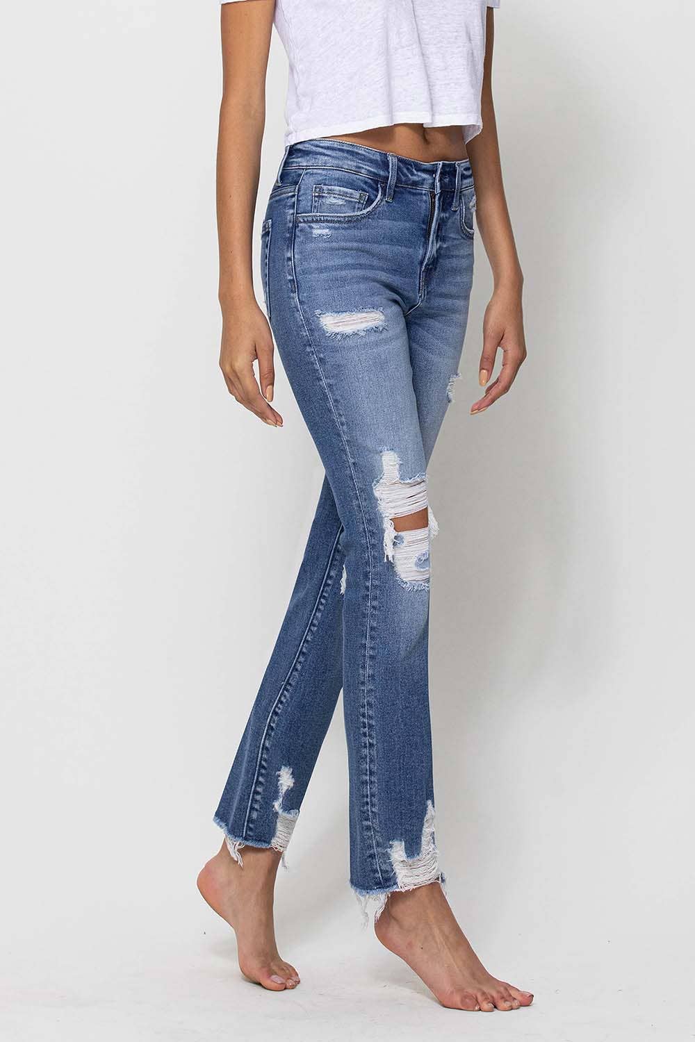 MID RISE DESTROYED ANKLE STRAIGHT JEANS F4395