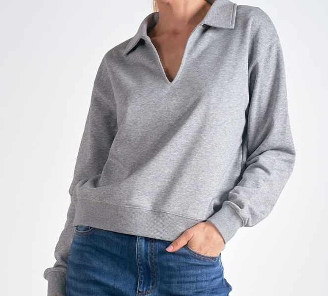 TOP LONG SLEEVE COLLARED VNECK - HEATHER GREY