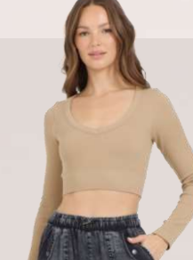 Ribbed Long Sleeve V Neck - Taupe