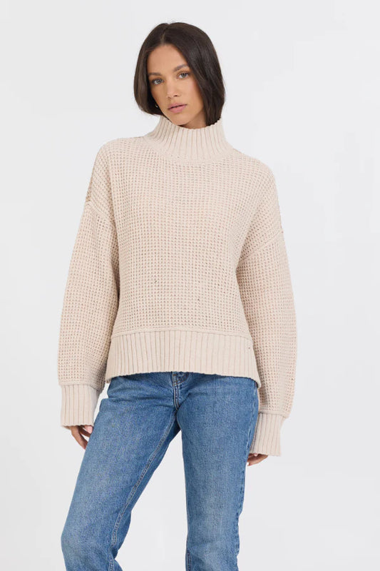 OATMEAL/BROWN SUGAR COMBO MOCKNECK TWO TONE SWEATER