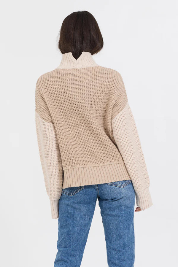 OATMEAL/BROWN SUGAR COMBO MOCKNECK TWO TONE SWEATER