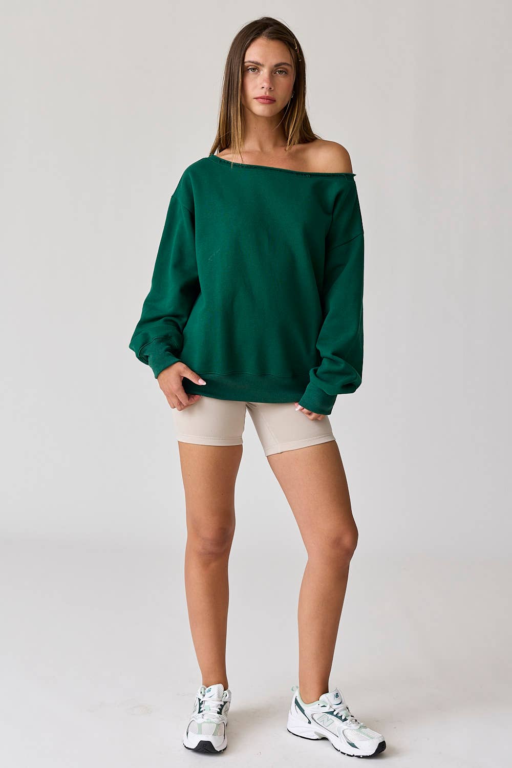 Evelyn Loose Fit One Shoulder Sweatshirt - Green