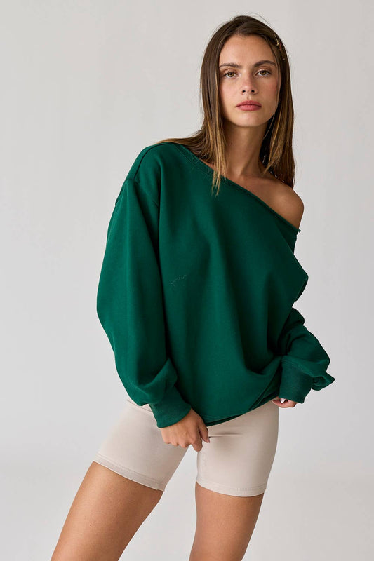 Evelyn Loose Fit One Shoulder Sweatshirt - Green