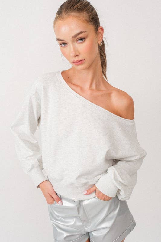 Alina Off Shoulder Cropped Sweatshirt - WHITE MELANGE