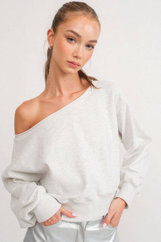 Alina Off Shoulder Cropped Sweatshirt - WHITE MELANGE