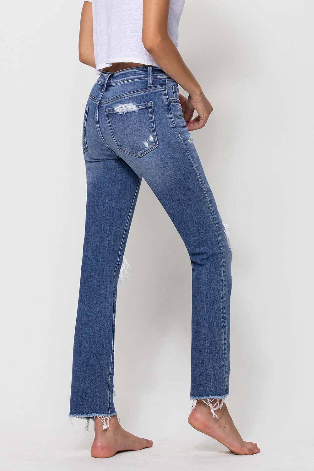 MID RISE DESTROYED ANKLE STRAIGHT JEANS F4395