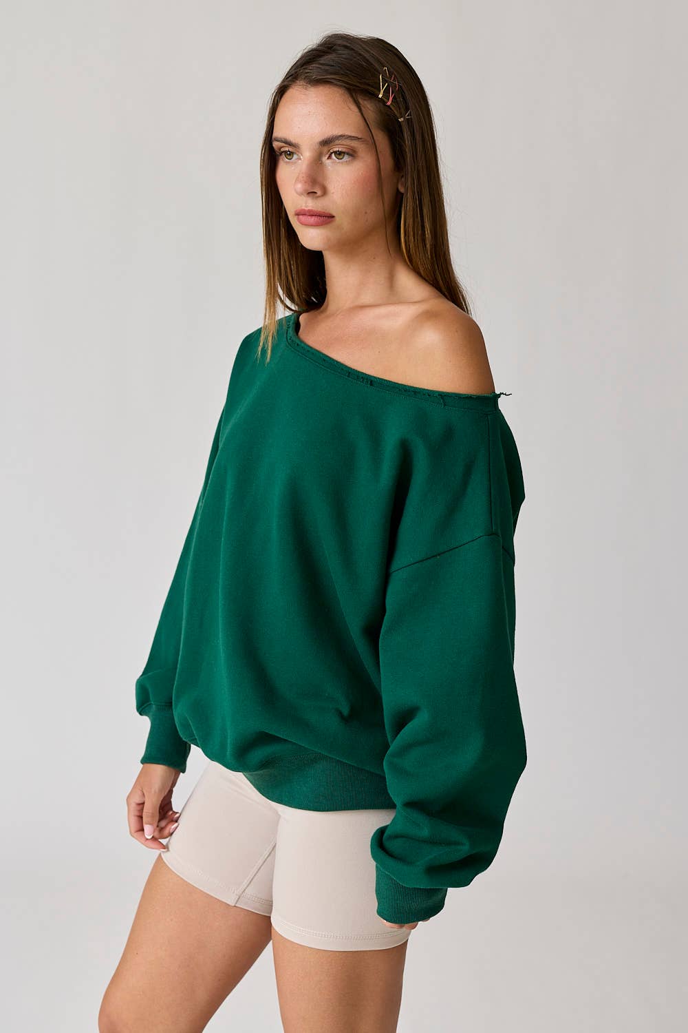 Evelyn Loose Fit One Shoulder Sweatshirt - Green