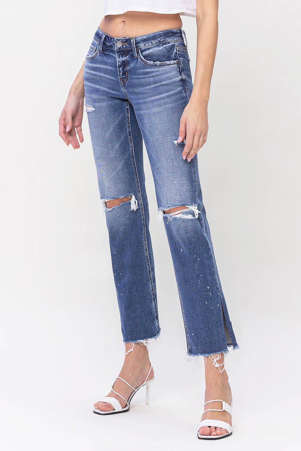 LOW RISE DISTRESSED SPECKLED SPLIT HEM STRAIGHT JEANS F5218