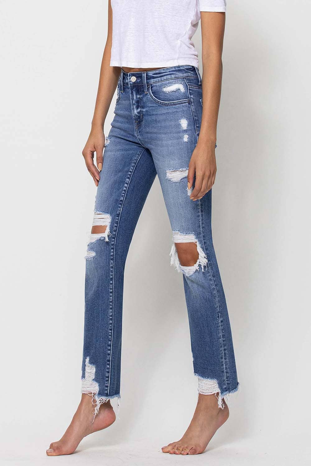 MID RISE DESTROYED ANKLE STRAIGHT JEANS F4395